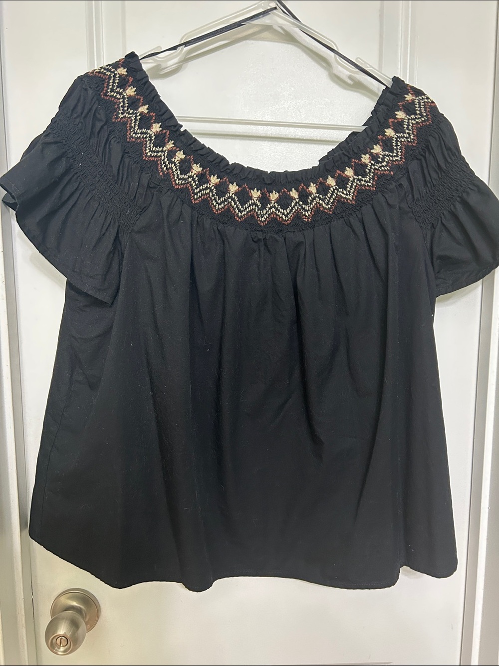 Old Navy Black Off-Shoulder Top with Embroidered Yoke